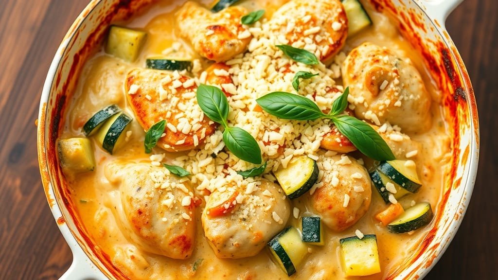 Keto Creamy Basil Chicken and Zucchini Casserole